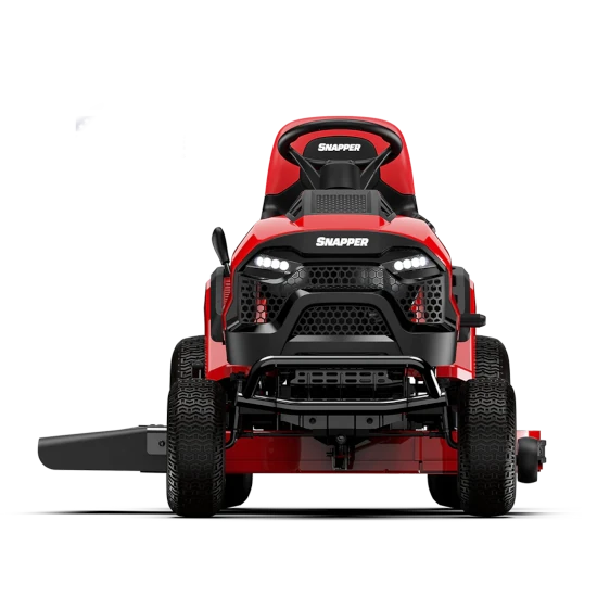 Front view of a red Snapper riding lawn mower on a black background. It features a prominent grille and headlights.